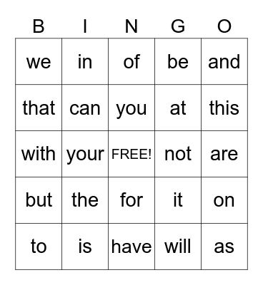Sight Words Bingo Card