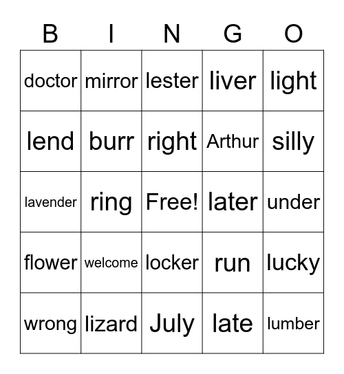 L and R Bingo Card