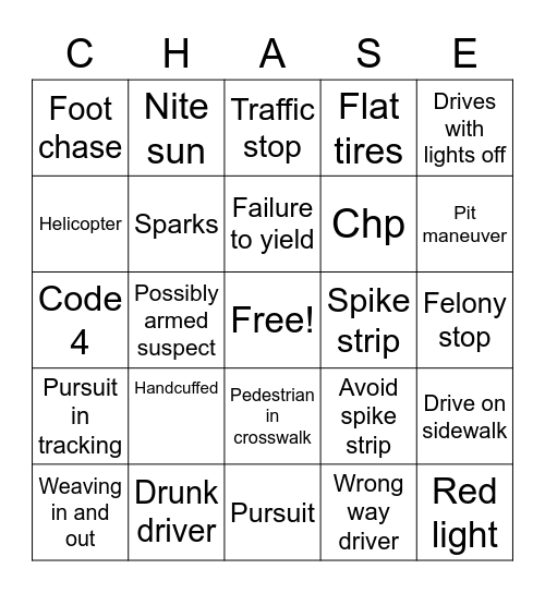 Car chase bingo Card