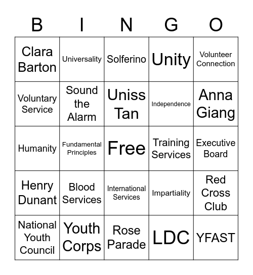 Red Cross 101 Bingo Card