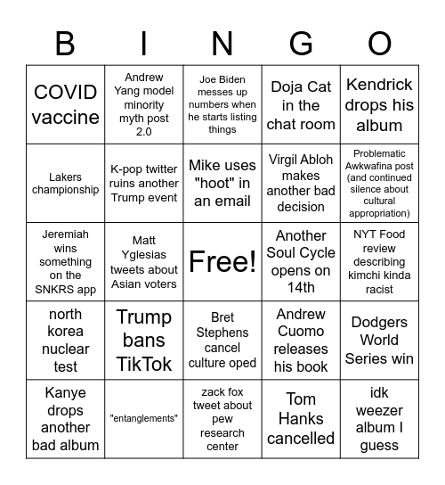 2020 bingo Card