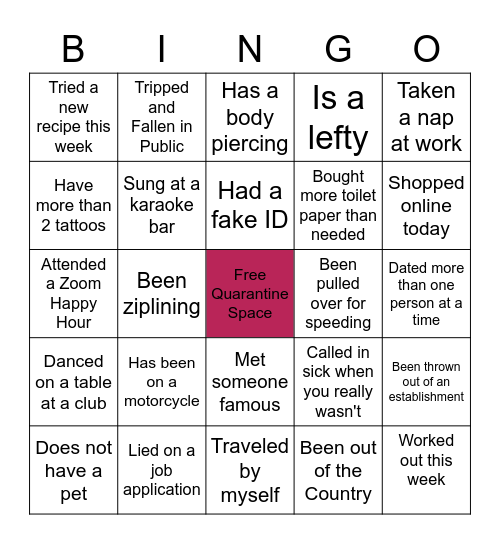 Virtual Happy Hour Bingo Card