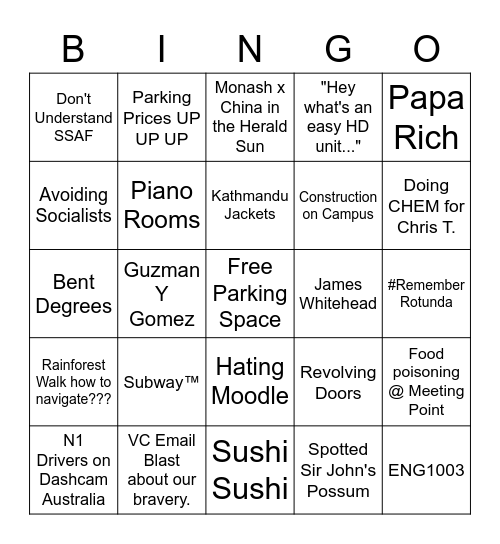 Monash University Bingo Card