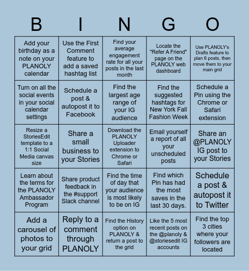 PLANOLY Bingo Card