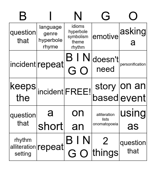 Literary Devices Bingo Card