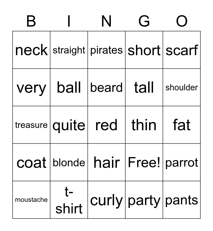Description Words Bingo Card