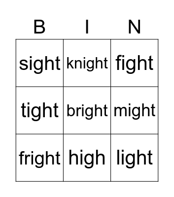 'igh' word Bingo Card