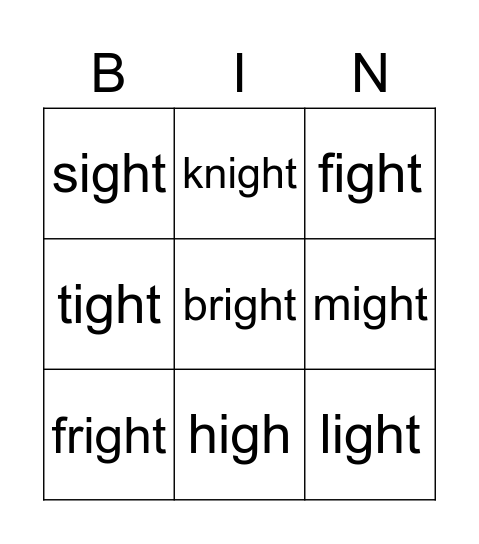 'igh' word Bingo Card