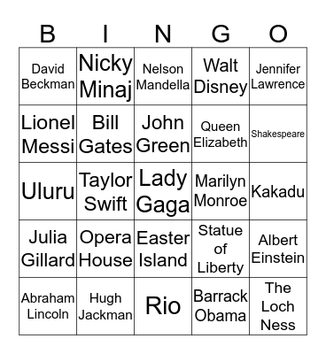 Famous People and Places Bingo Card