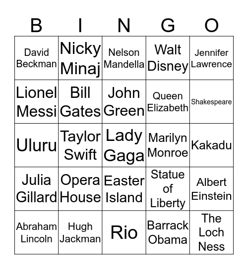 Famous People and Places Bingo Card