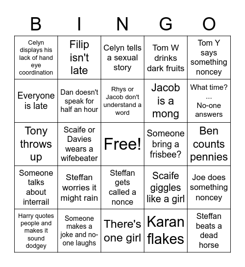 Prom Patrol Outing Bingo Card