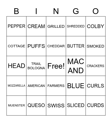CHEESE BINGO Card