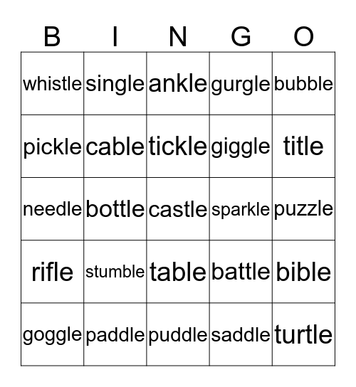 WORDS ENDING IN    'le' Bingo Card