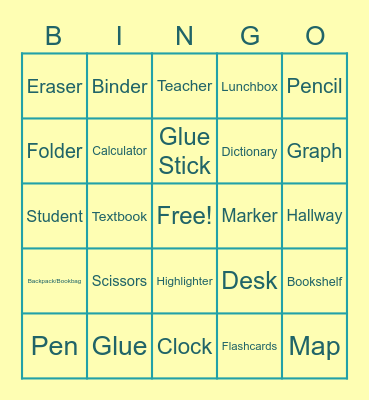 School Supplies LES Bingo Card