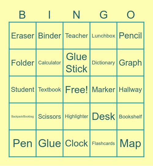 School Supplies LES Bingo Card