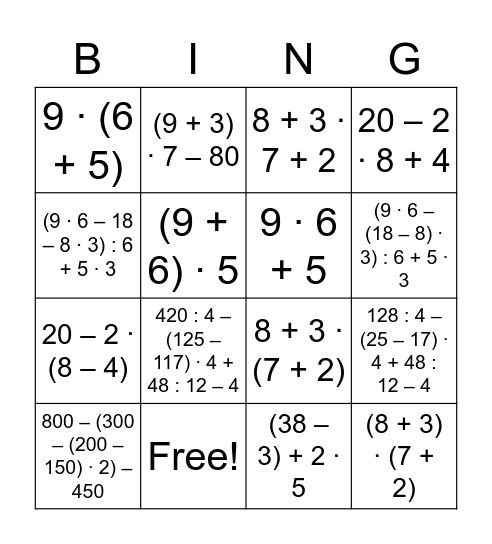 Rekenvolgorde Bingo Card