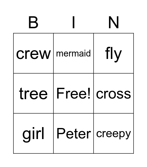 Peter Pen Bingo Card