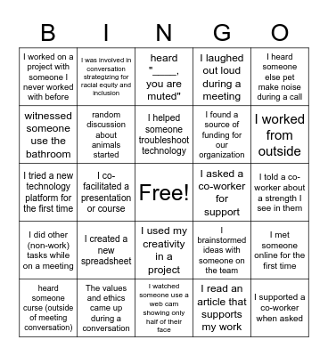 Virtual Work Week Bingo Card