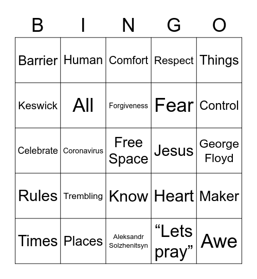 Keswick Youth Monday Night Bingo Card