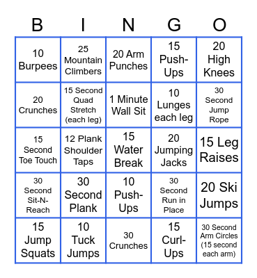 Fitness Bingo Card