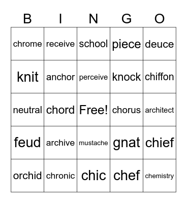 ch = k and sh Bingo Card