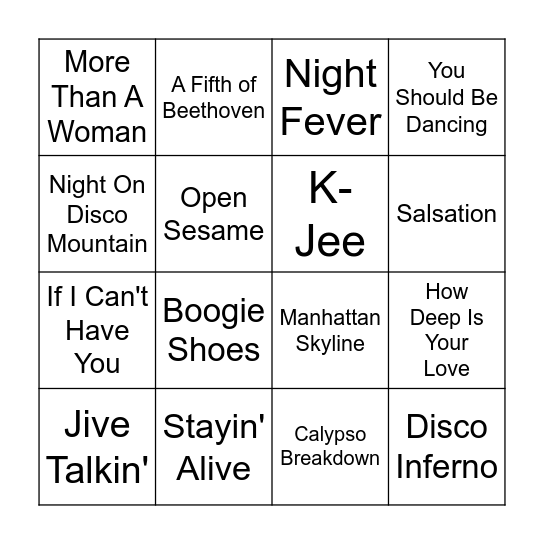 Saturday Night Fever Bingo Card