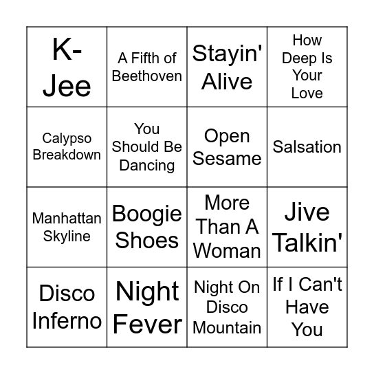Saturday Night Fever Bingo Card