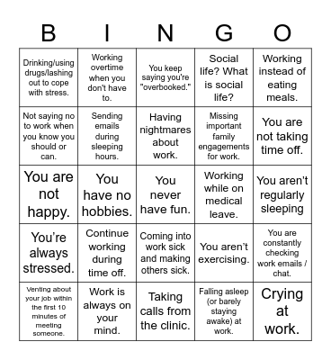 Bad Work-Life Balance Bingo Card
