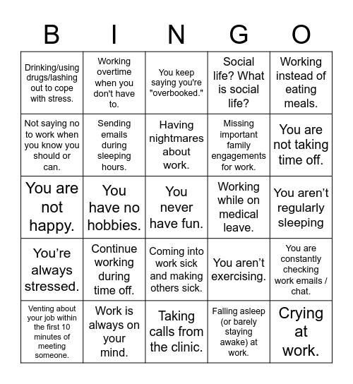 Bad Work-Life Balance Bingo Card