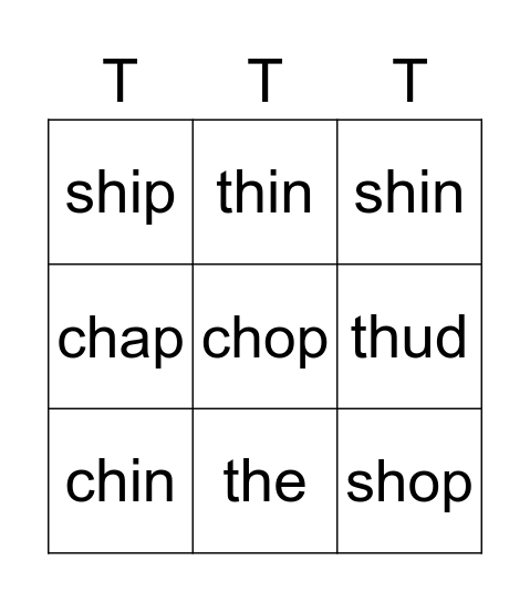 Digraph Tic-Tac-Toe Bingo Card