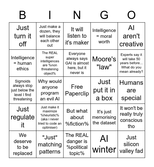 "Why I still don't need to worry about GAI" Bingo Card