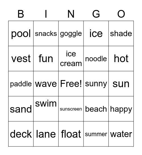 Swimming Bingo! Bingo Card