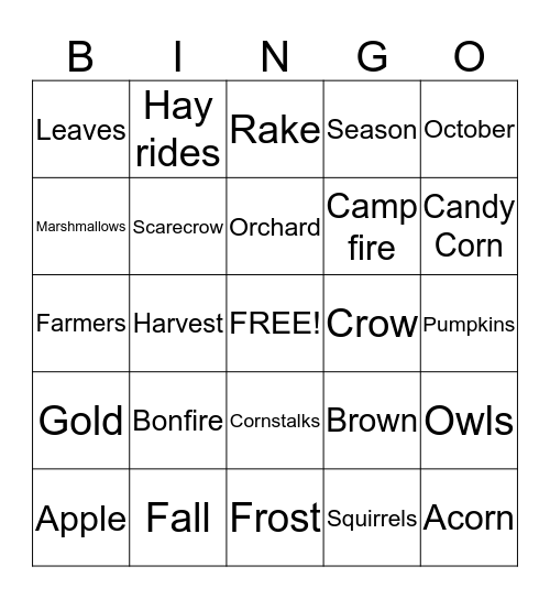Fall Harvest Party Bingo Card