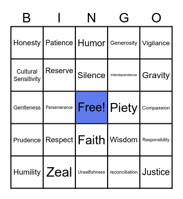 MDPYFS VIRTUES Bingo Card