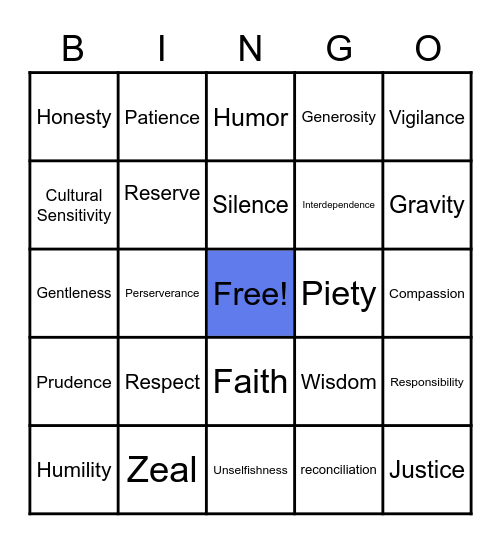MDPYFS VIRTUES Bingo Card