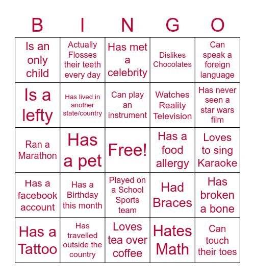 Get to know your team mates Bingo Card