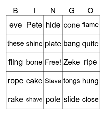 silent e Bingo Card