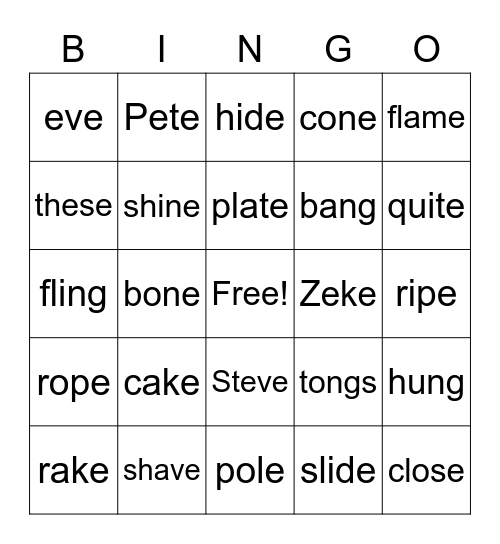 silent e Bingo Card