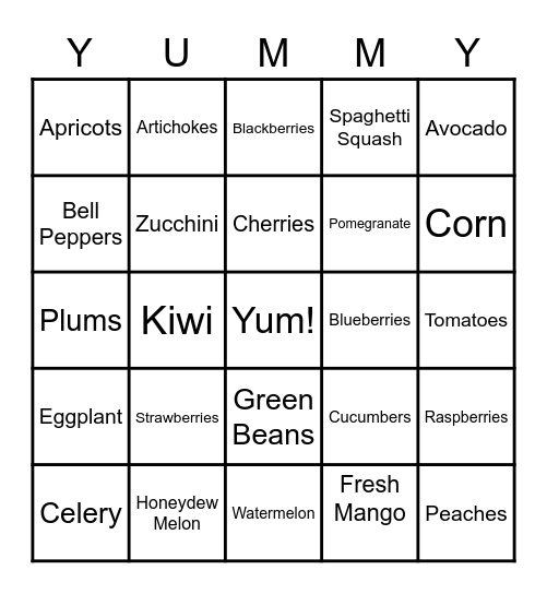 Yummy Fruit and Veggie Bingo Card