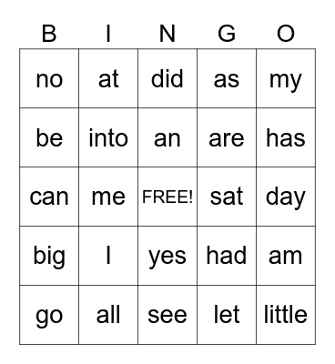 Sight Words Bingo Card