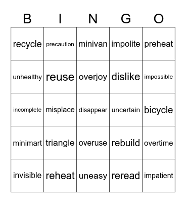 Vocabulary Bingo Card