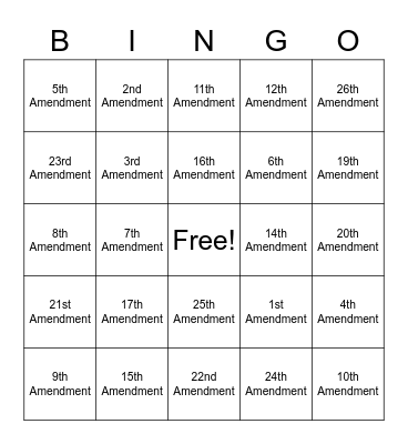 US Constitution Bingo Card
