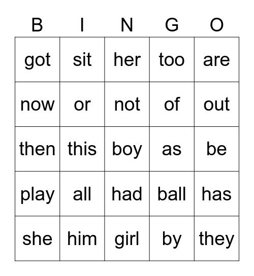 Sight Words Bingo Card