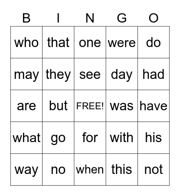 Sight Words Bingo Card