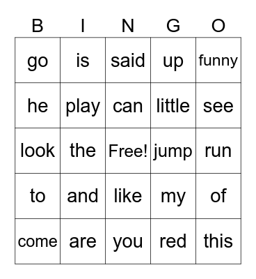 White List, PrePrimer 1 Sight Words, Dolch Sight Words PPI, Pre-Primer Bingo Card