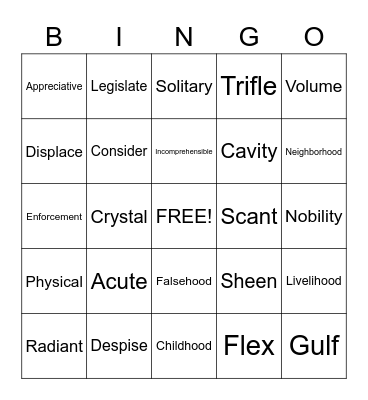 Vocabulary in Action Chapter 4 Bingo Card