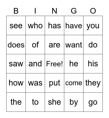 Sight Words Bingo Card