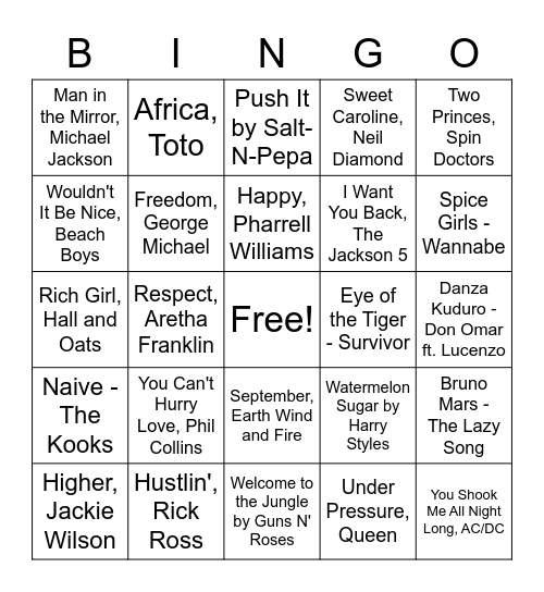 Jean's Team Musical Bingo Card