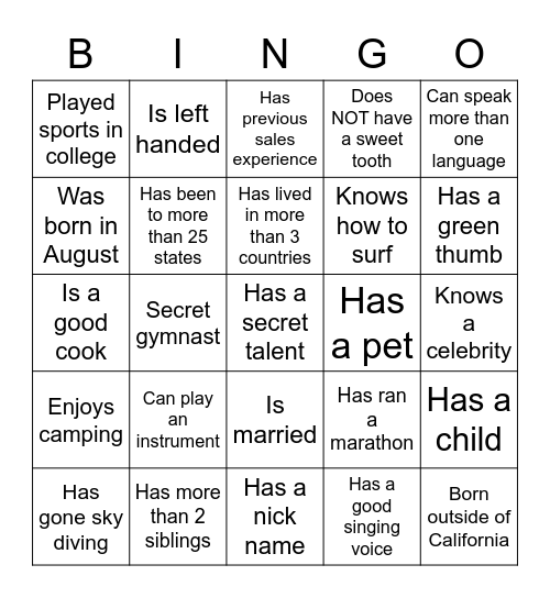 Get to know you Bingo Card