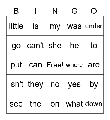 Sight Words Bingo Card
